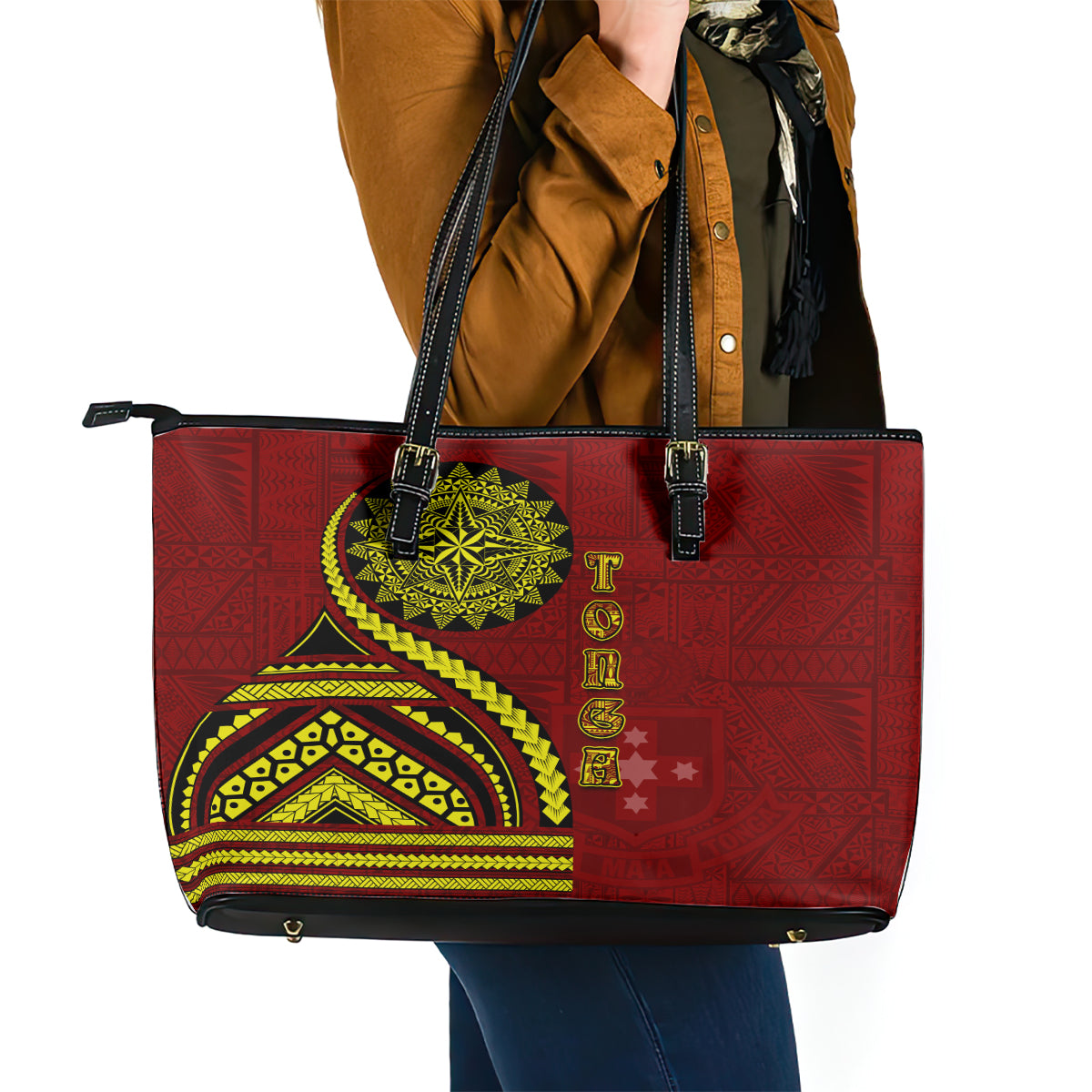 Kolisi Tonga Atele Leather Tote Bag Ngatu and Polynesian Pattern LT03 - Polynesian Pride