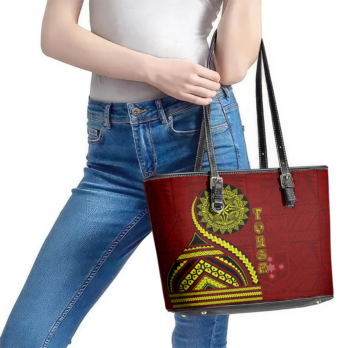 Kolisi Tonga Atele Leather Tote Bag Ngatu and Polynesian Pattern LT03 - Polynesian Pride