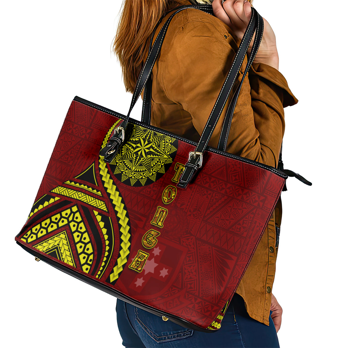 Kolisi Tonga Atele Leather Tote Bag Ngatu and Polynesian Pattern LT03 - Polynesian Pride