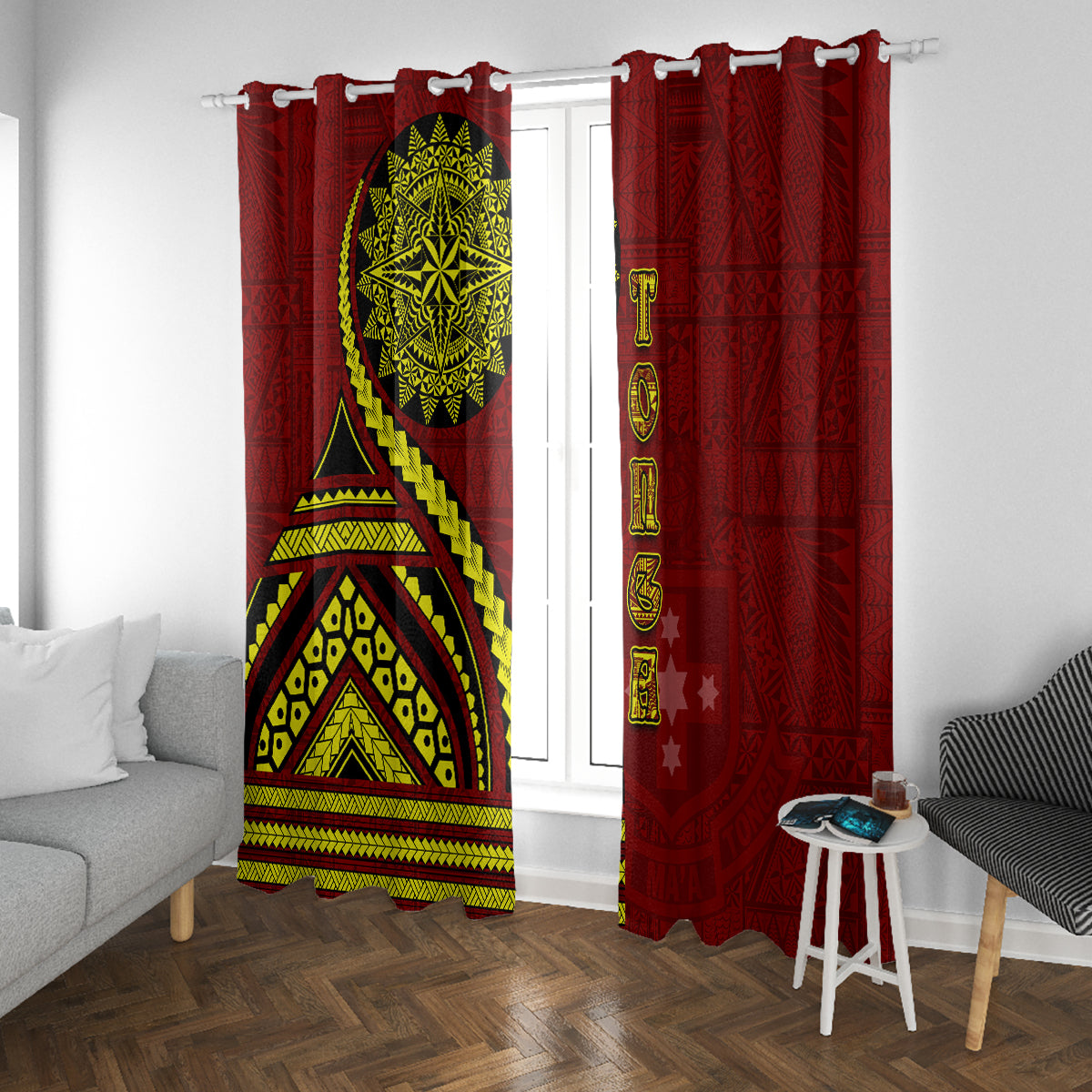 Kolisi Tonga Atele Window Curtain Ngatu and Polynesian Pattern LT03 With Grommets Red - Polynesian Pride