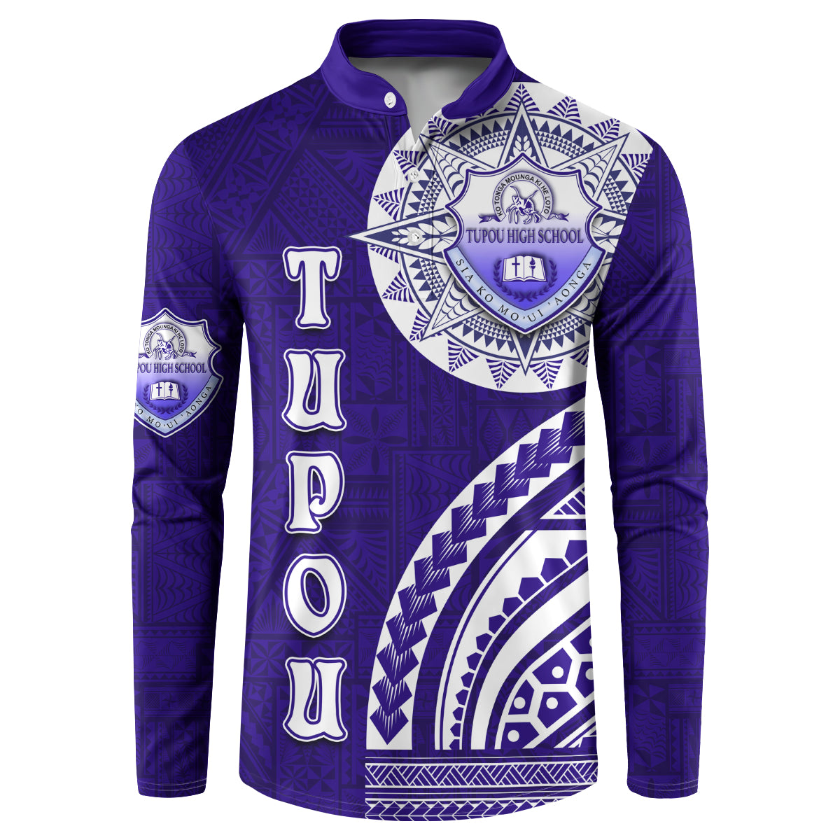 Tupou College Toloa Button Sweatshirt Ngatu and Polynesian Pattern LT03 Blue - Polynesian Pride