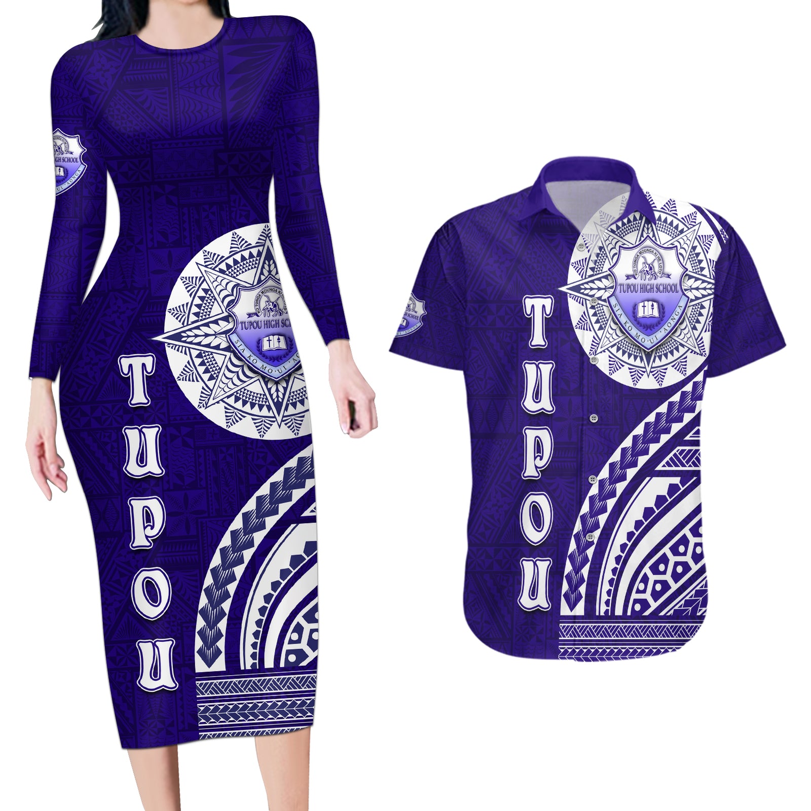 Tupou College Toloa Couples Matching Long Sleeve Bodycon Dress and Hawaiian Shirt Ngatu and Polynesian Pattern LT03 Blue - Polynesian Pride