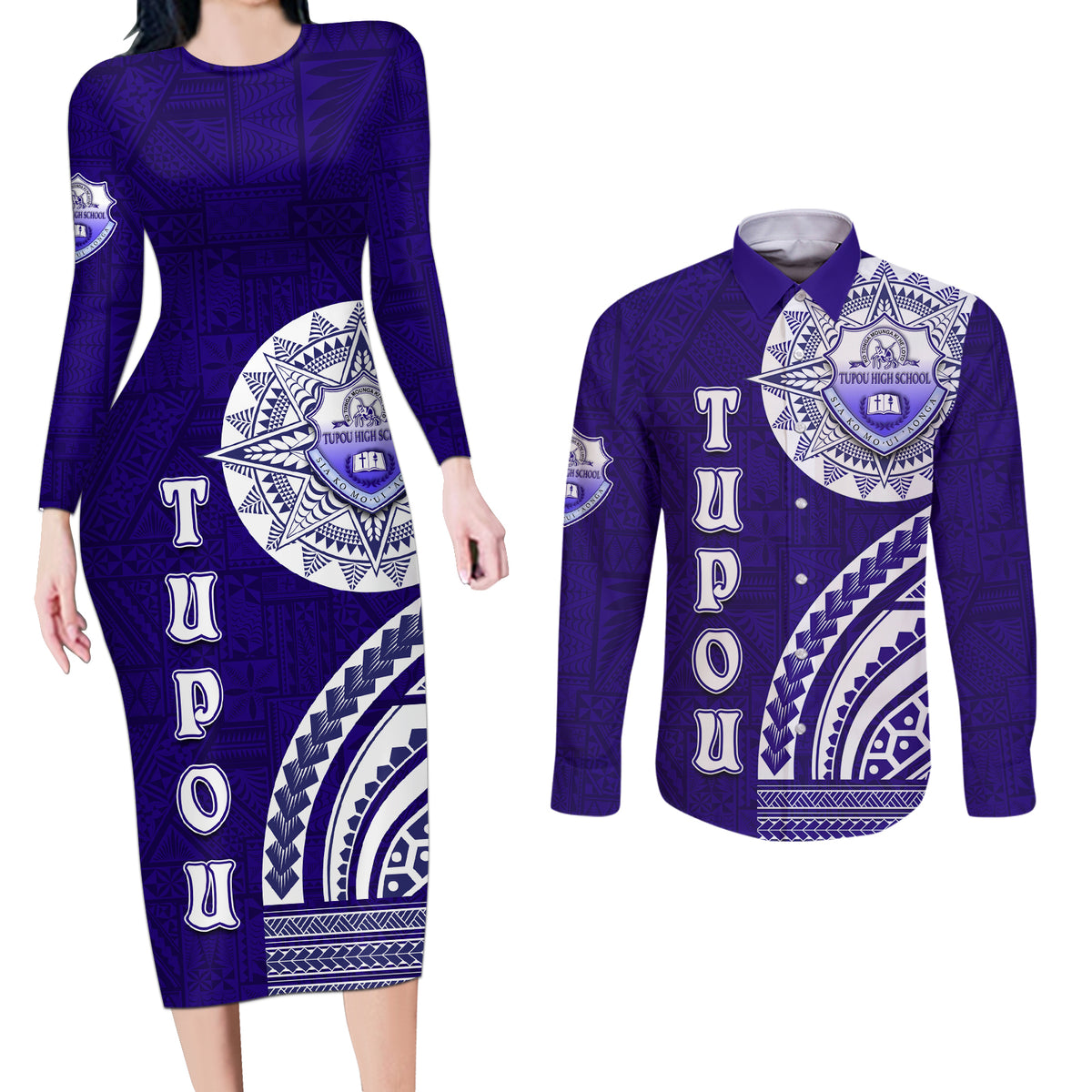 Tupou College Toloa Couples Matching Long Sleeve Bodycon Dress and Long Sleeve Button Shirt Ngatu and Polynesian Pattern LT03 Blue - Polynesian Pride