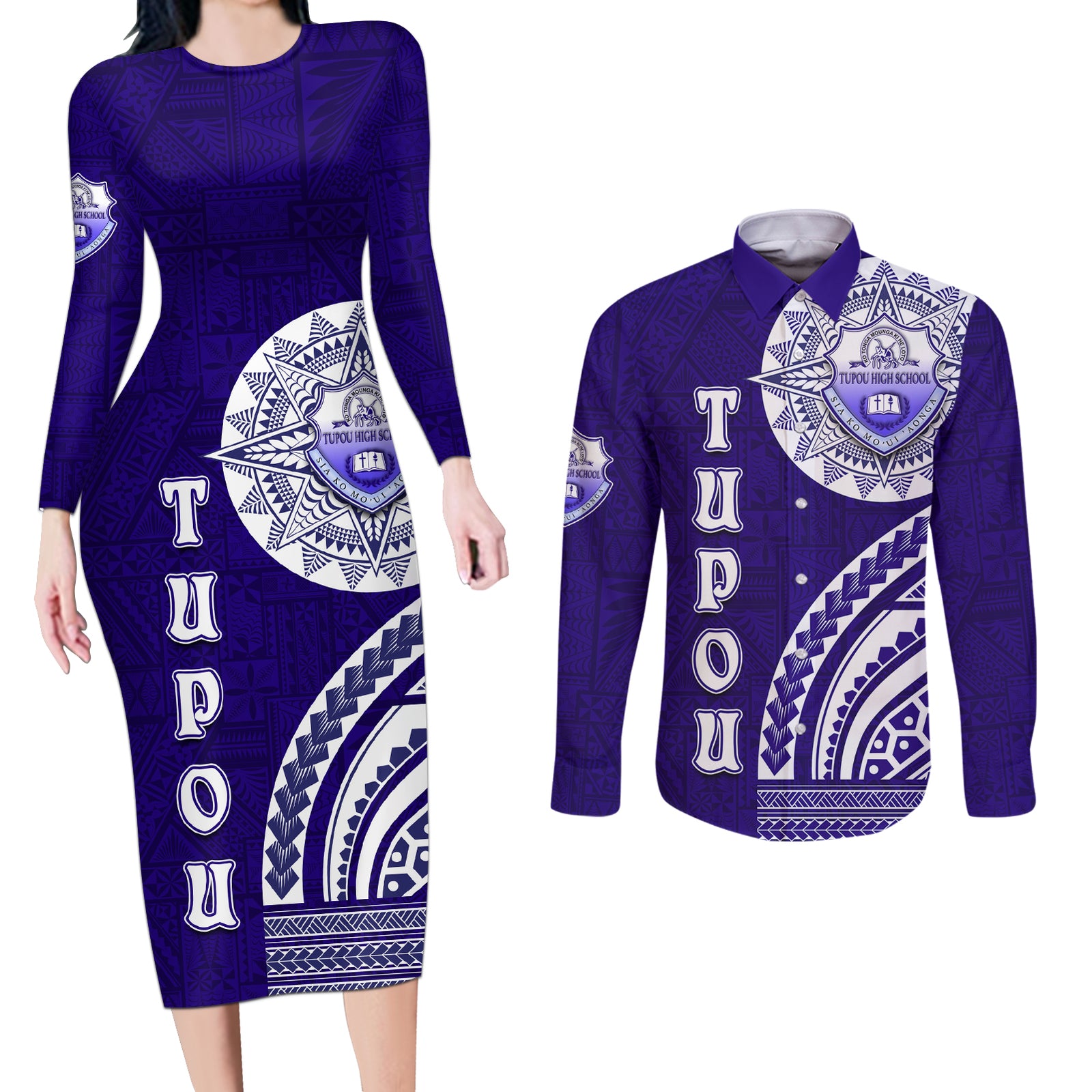 Tupou College Toloa Couples Matching Long Sleeve Bodycon Dress and Long Sleeve Button Shirt Ngatu and Polynesian Pattern LT03 Blue - Polynesian Pride