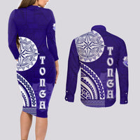 Tupou College Toloa Couples Matching Long Sleeve Bodycon Dress and Long Sleeve Button Shirt Ngatu and Polynesian Pattern LT03 - Polynesian Pride
