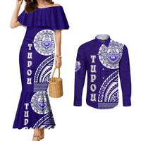 Tupou College Toloa Couples Matching Mermaid Dress and Long Sleeve Button Shirt Ngatu and Polynesian Pattern LT03 Blue - Polynesian Pride
