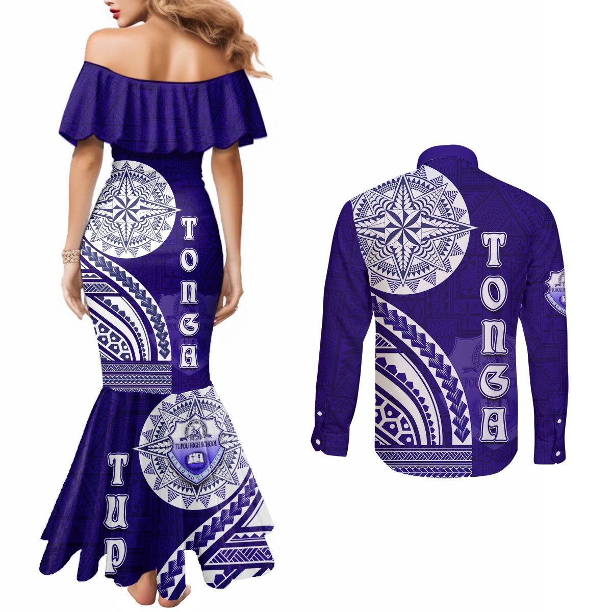 Tupou College Toloa Couples Matching Mermaid Dress and Long Sleeve Button Shirt Ngatu and Polynesian Pattern LT03 - Polynesian Pride