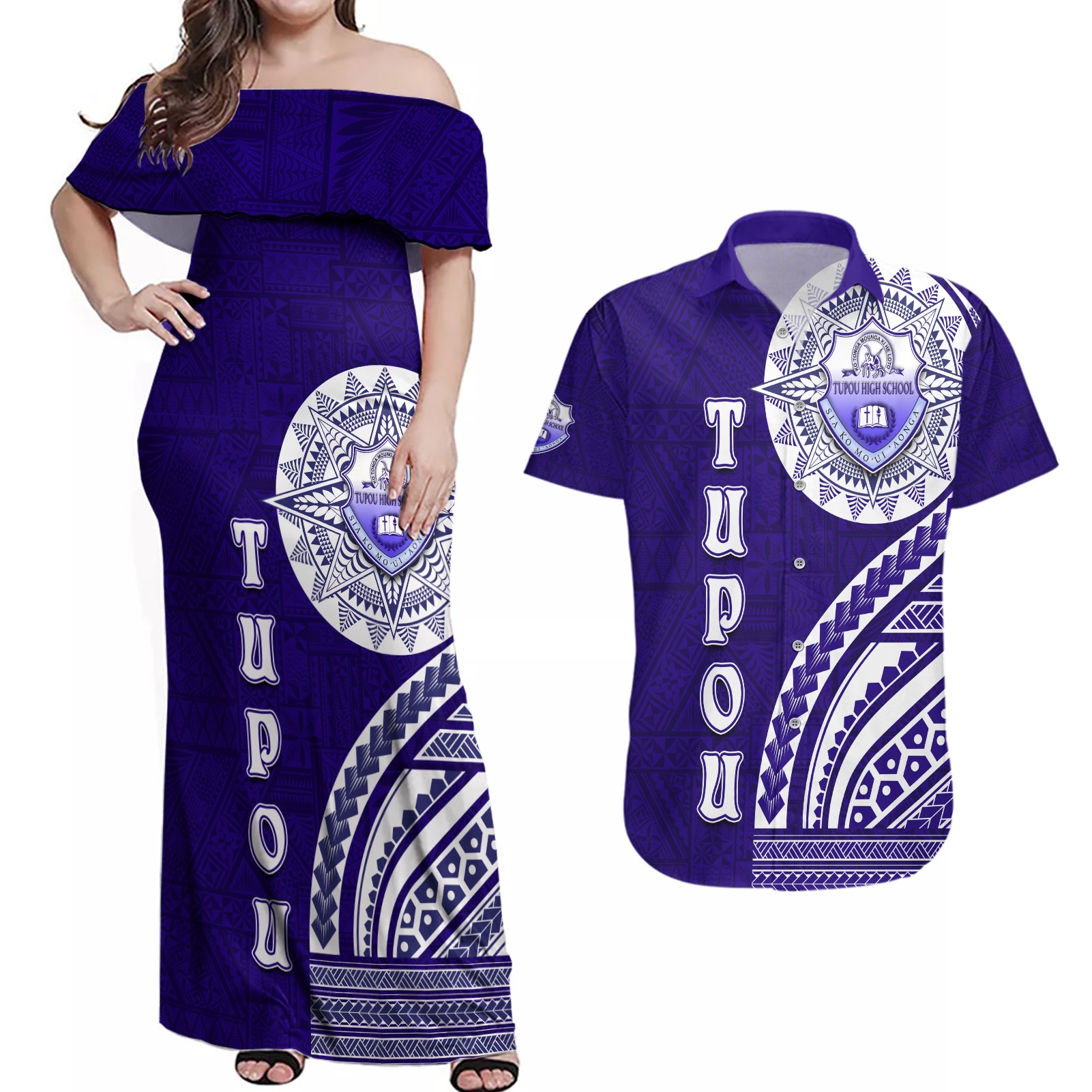 Tupou College Toloa Couples Matching Off Shoulder Maxi Dress and Hawaiian Shirt Ngatu and Polynesian Pattern