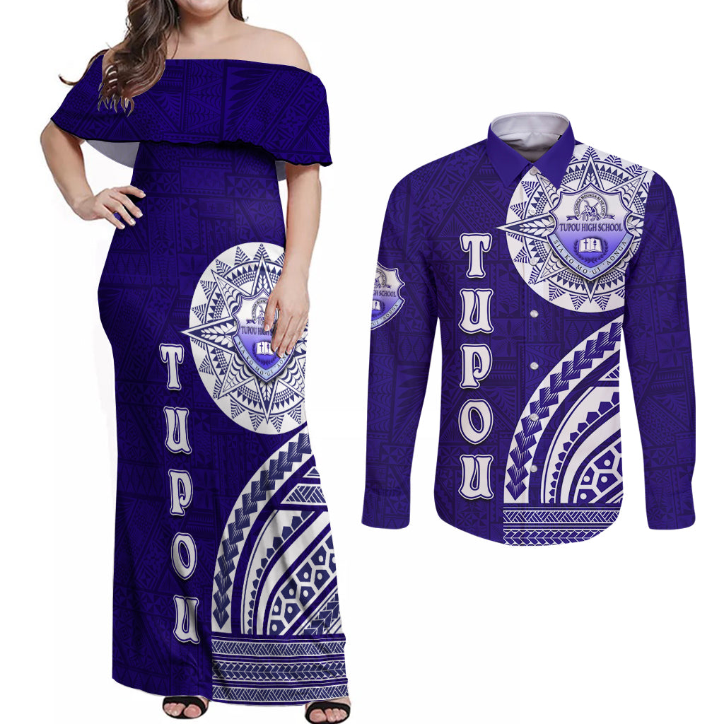 Tupou College Toloa Couples Matching Off Shoulder Maxi Dress and Long Sleeve Button Shirt Ngatu and Polynesian Pattern LT03 Blue - Polynesian Pride