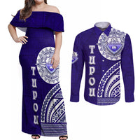 Tupou College Toloa Couples Matching Off Shoulder Maxi Dress and Long Sleeve Button Shirt Ngatu and Polynesian Pattern LT03 Blue - Polynesian Pride