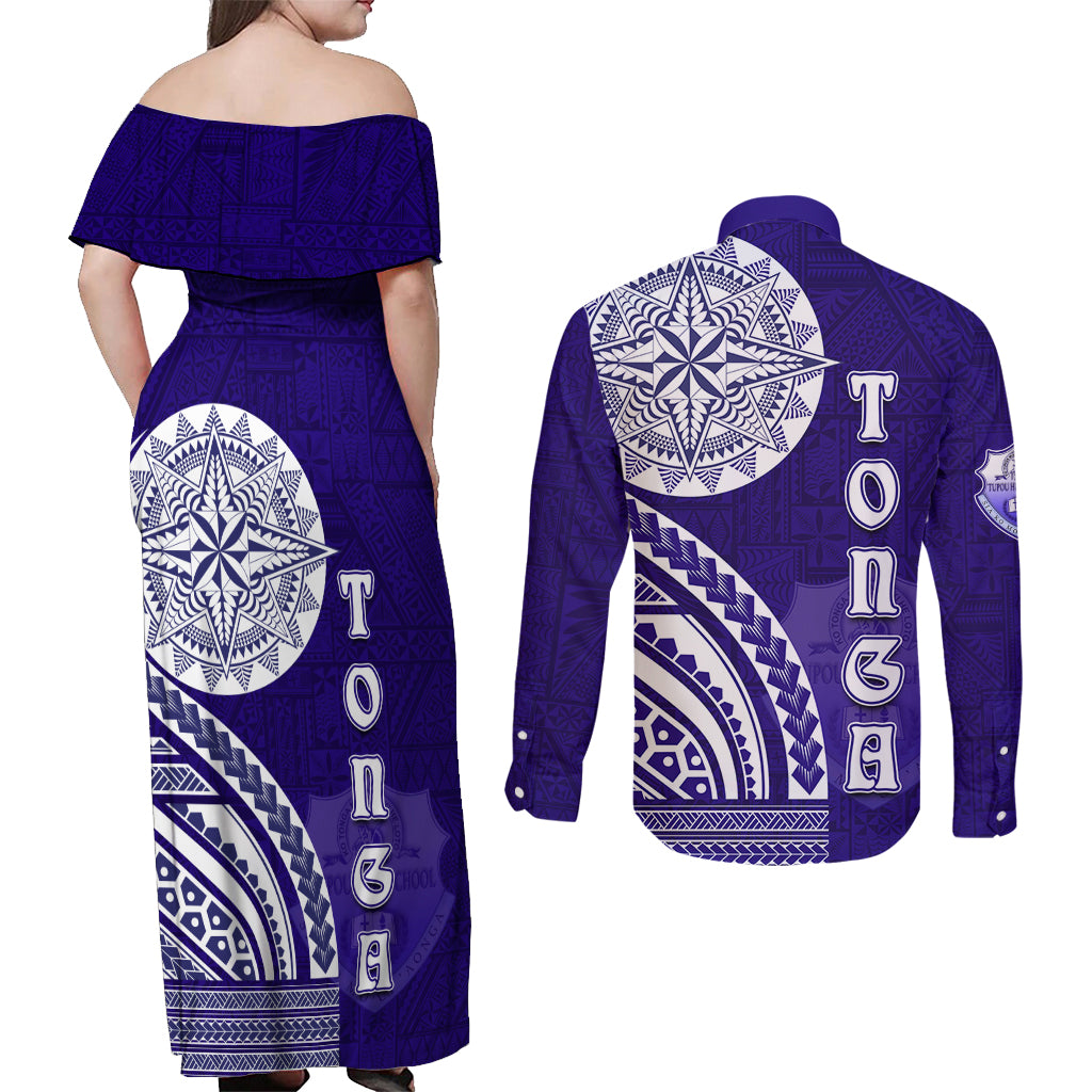 Tupou College Toloa Couples Matching Off Shoulder Maxi Dress and Long Sleeve Button Shirt Ngatu and Polynesian Pattern LT03 - Polynesian Pride