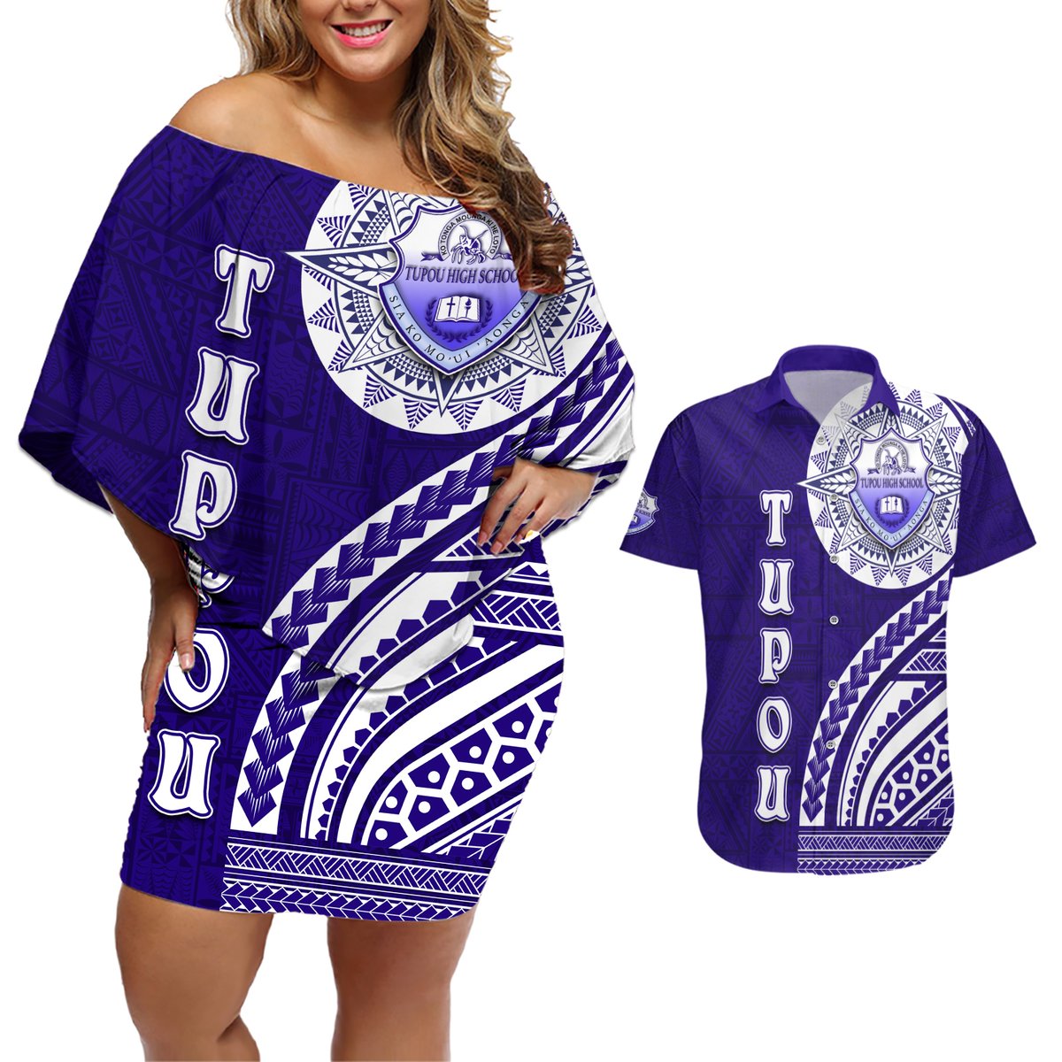 Tupou College Toloa Couples Matching Off Shoulder Short Dress and Hawaiian Shirt Ngatu and Polynesian Pattern LT03 Blue - Polynesian Pride
