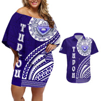 Tupou College Toloa Couples Matching Off Shoulder Short Dress and Hawaiian Shirt Ngatu and Polynesian Pattern LT03 Blue - Polynesian Pride