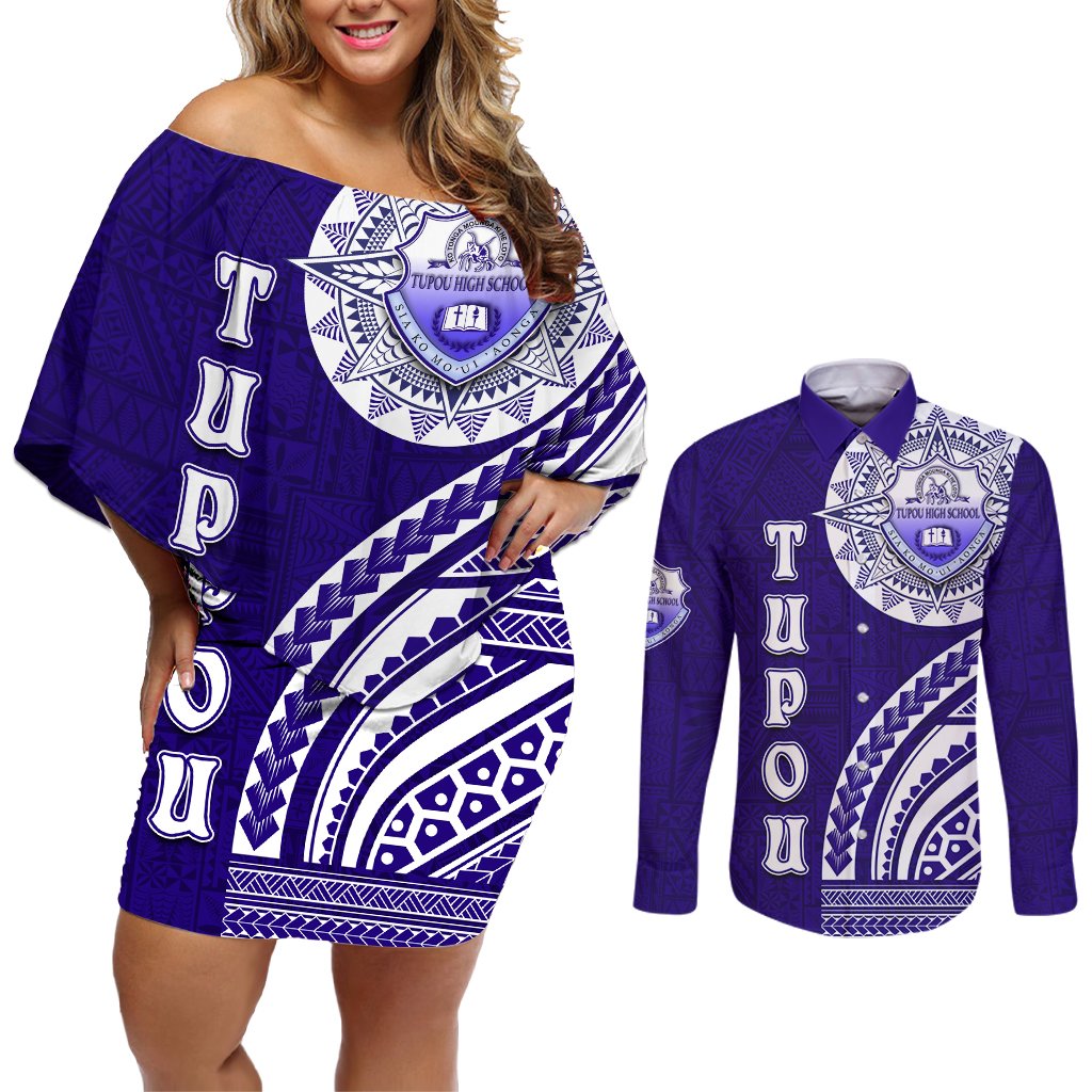 Tupou College Toloa Couples Matching Off Shoulder Short Dress and Long Sleeve Button Shirt Ngatu and Polynesian Pattern LT03 Blue - Polynesian Pride