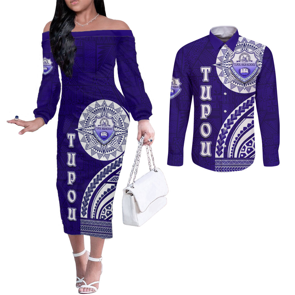 Tupou College Toloa Couples Matching Off The Shoulder Long Sleeve Dress and Long Sleeve Button Shirt Ngatu and Polynesian Pattern LT03 Blue - Polynesian Pride
