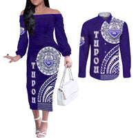 Tupou College Toloa Couples Matching Off The Shoulder Long Sleeve Dress and Long Sleeve Button Shirt Ngatu and Polynesian Pattern LT03 Blue - Polynesian Pride