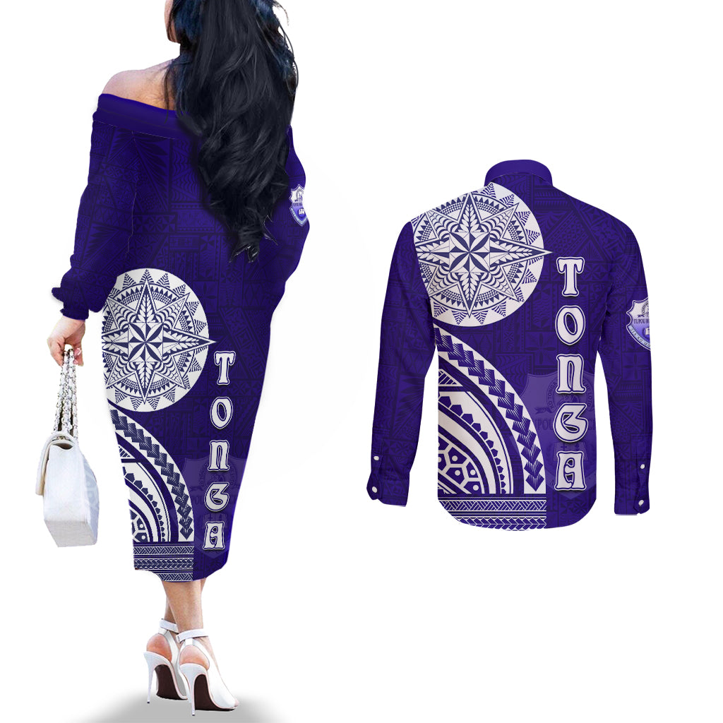 Tupou College Toloa Couples Matching Off The Shoulder Long Sleeve Dress and Long Sleeve Button Shirt Ngatu and Polynesian Pattern LT03 - Polynesian Pride