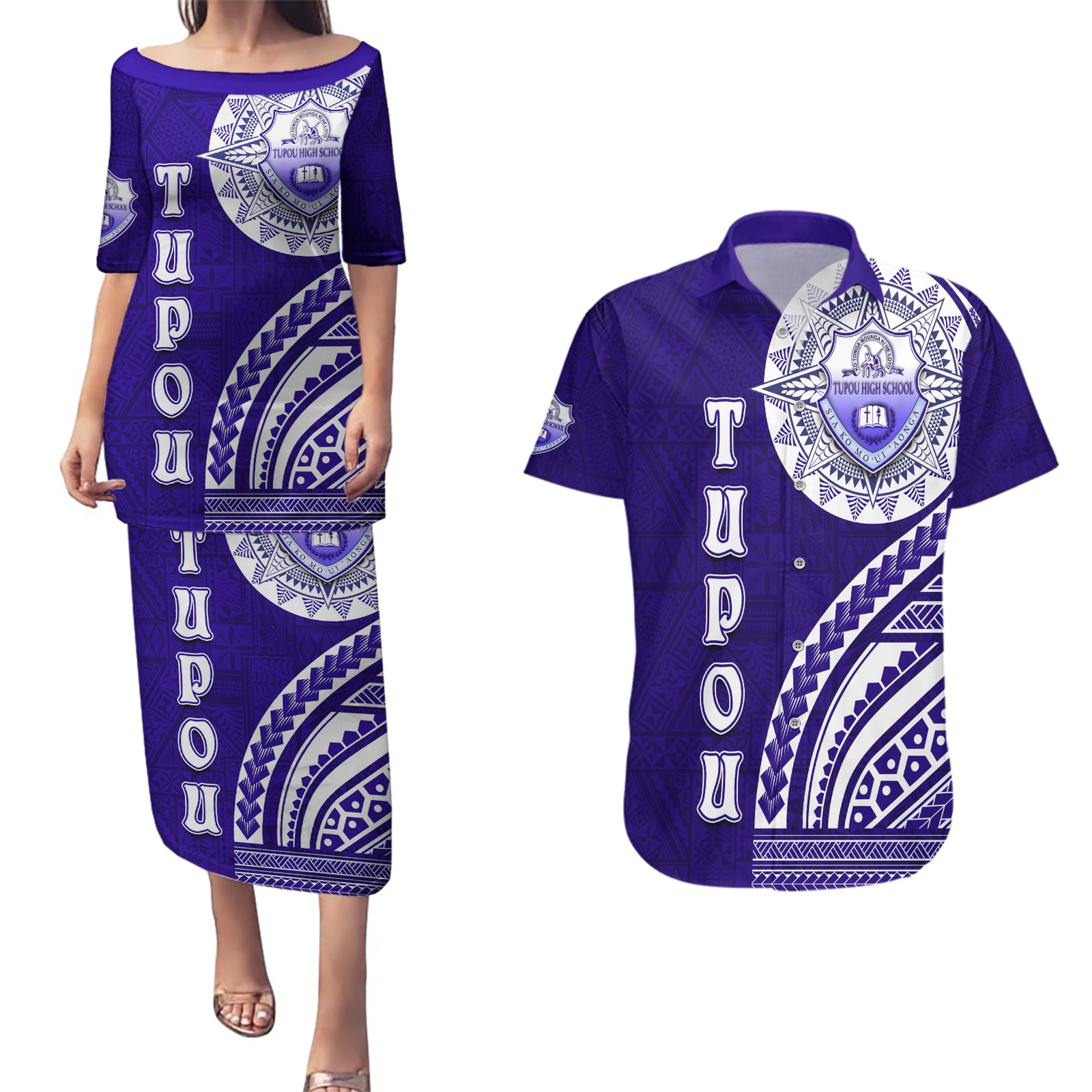 Tupou College Toloa Couples Matching Puletasi and Hawaiian Shirt Ngatu and Polynesian Pattern LT03 Blue - Polynesian Pride