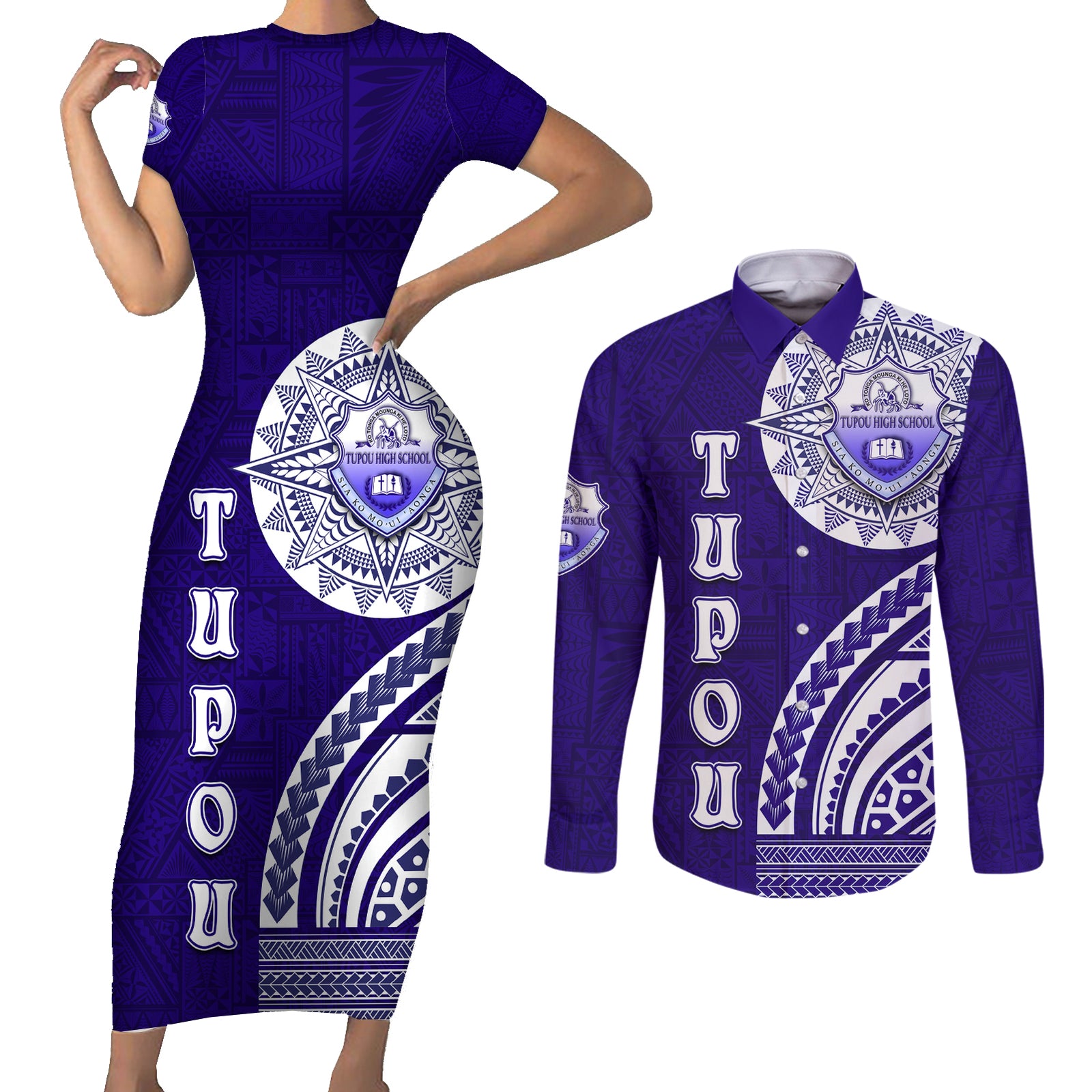 Tupou College Toloa Couples Matching Short Sleeve Bodycon Dress and Long Sleeve Button Shirt Ngatu and Polynesian Pattern LT03 Blue - Polynesian Pride