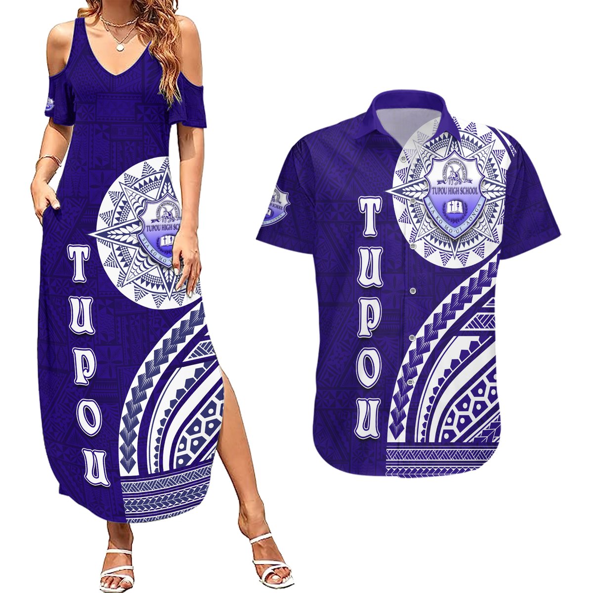 Tupou College Toloa Couples Matching Summer Maxi Dress and Hawaiian Shirt Ngatu and Polynesian Pattern LT03 Blue - Polynesian Pride