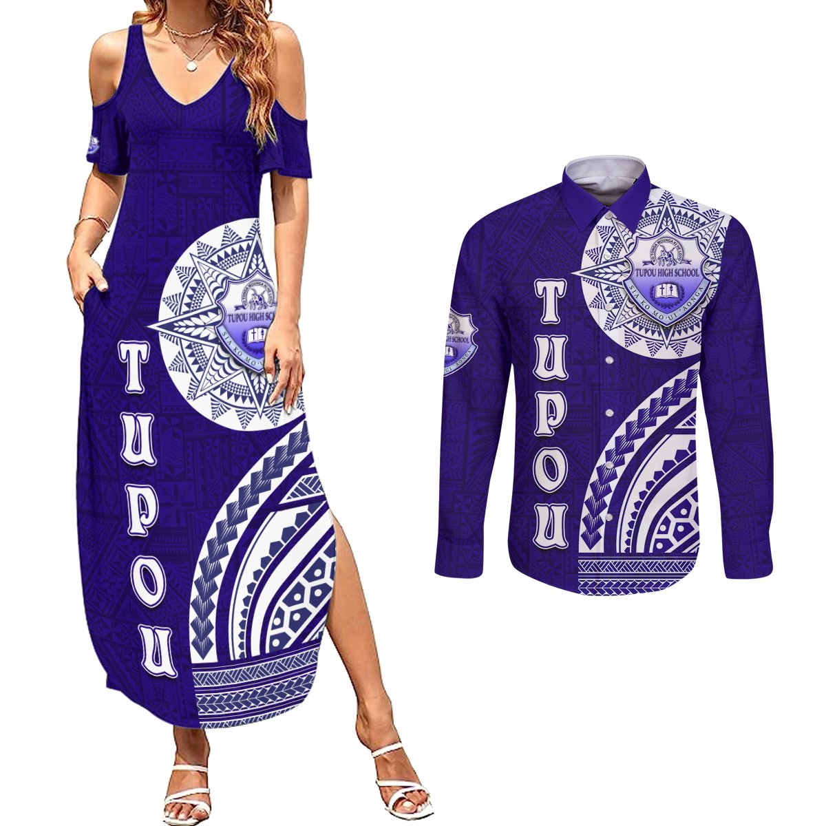 Tupou College Toloa Couples Matching Summer Maxi Dress and Long Sleeve Button Shirt Ngatu and Polynesian Pattern LT03 Blue - Polynesian Pride