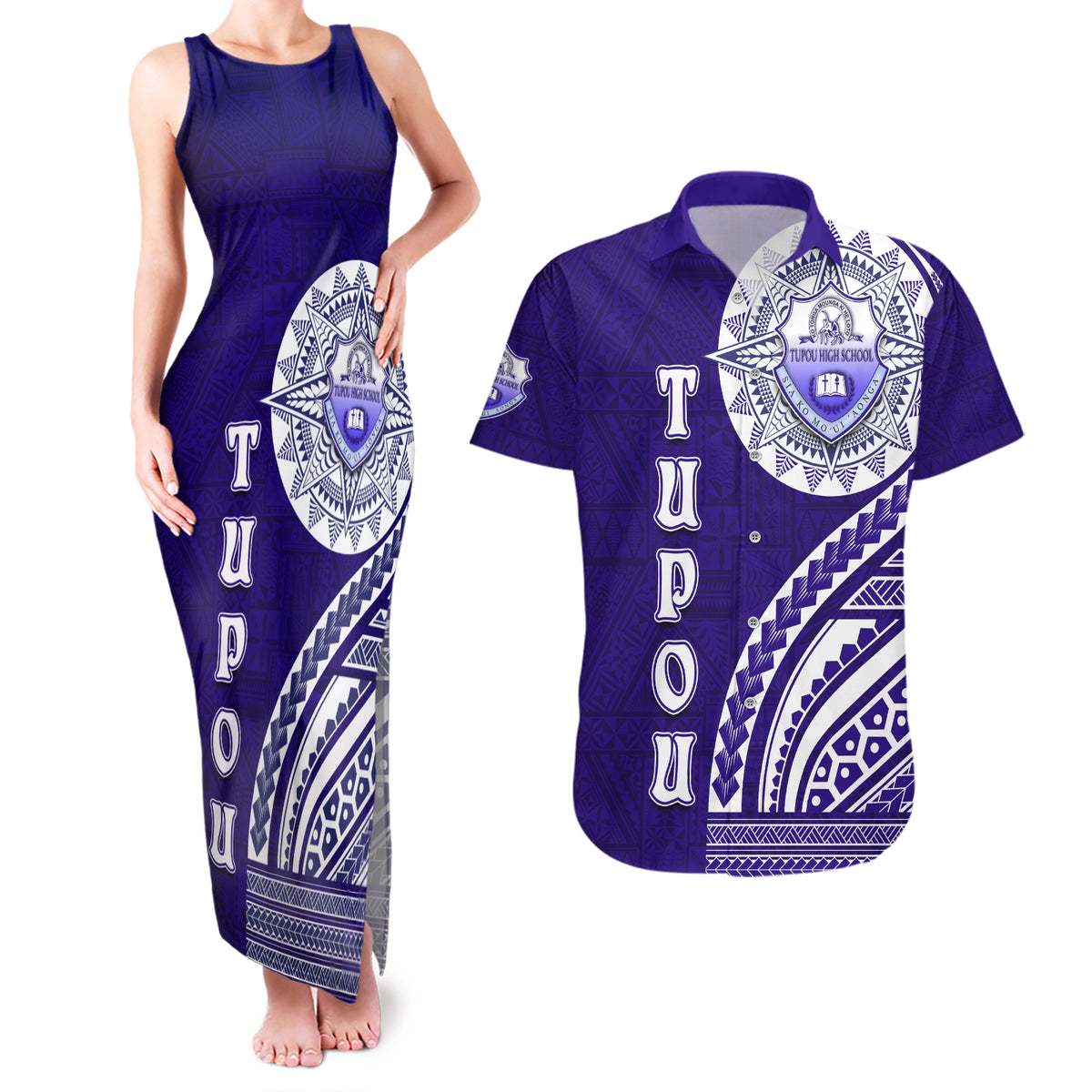 Tupou College Toloa Couples Matching Tank Maxi Dress and Hawaiian Shirt Ngatu and Polynesian Pattern LT03 Blue - Polynesian Pride