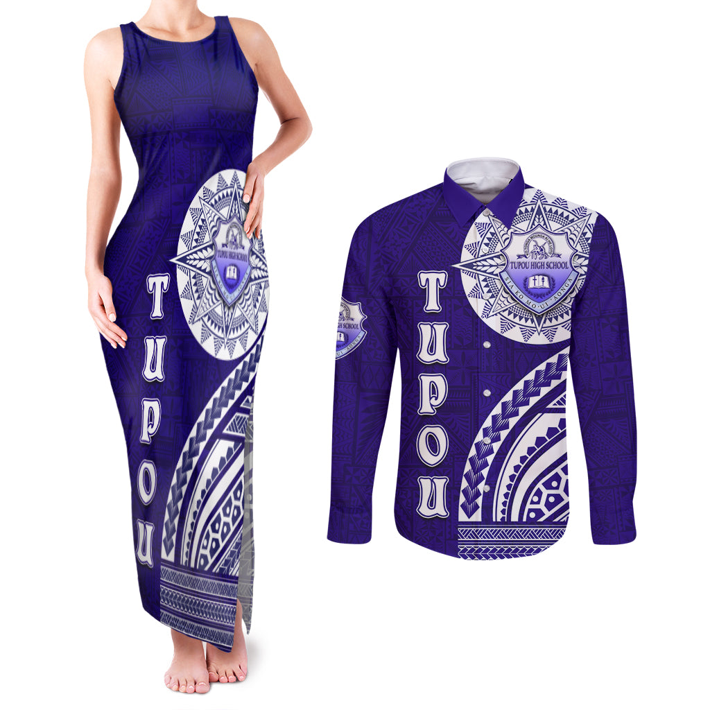 Tupou College Toloa Couples Matching Tank Maxi Dress and Long Sleeve Button Shirt Ngatu and Polynesian Pattern LT03 Blue - Polynesian Pride