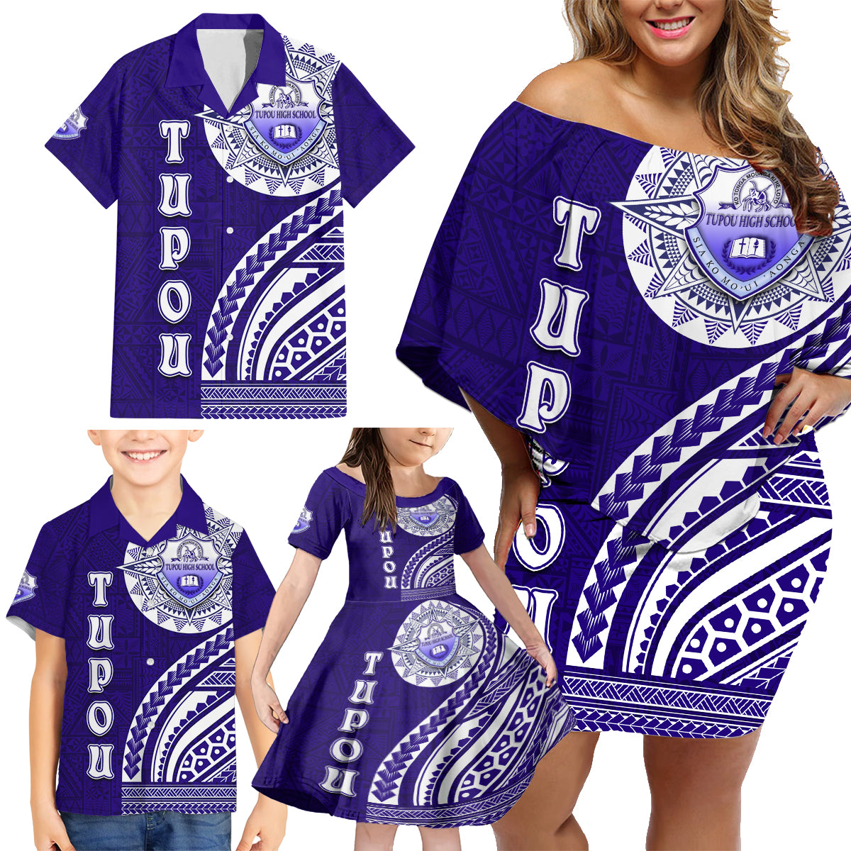 Tupou College Toloa Family Matching Off Shoulder Short Dress and Hawaiian Shirt Ngatu and Polynesian Pattern