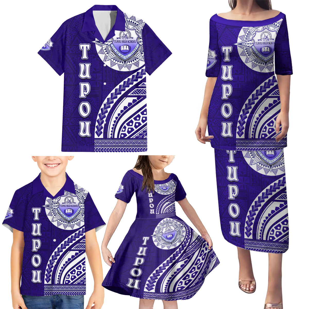 Tupou College Toloa Family Matching Puletasi and Hawaiian Shirt Ngatu and Polynesian Pattern