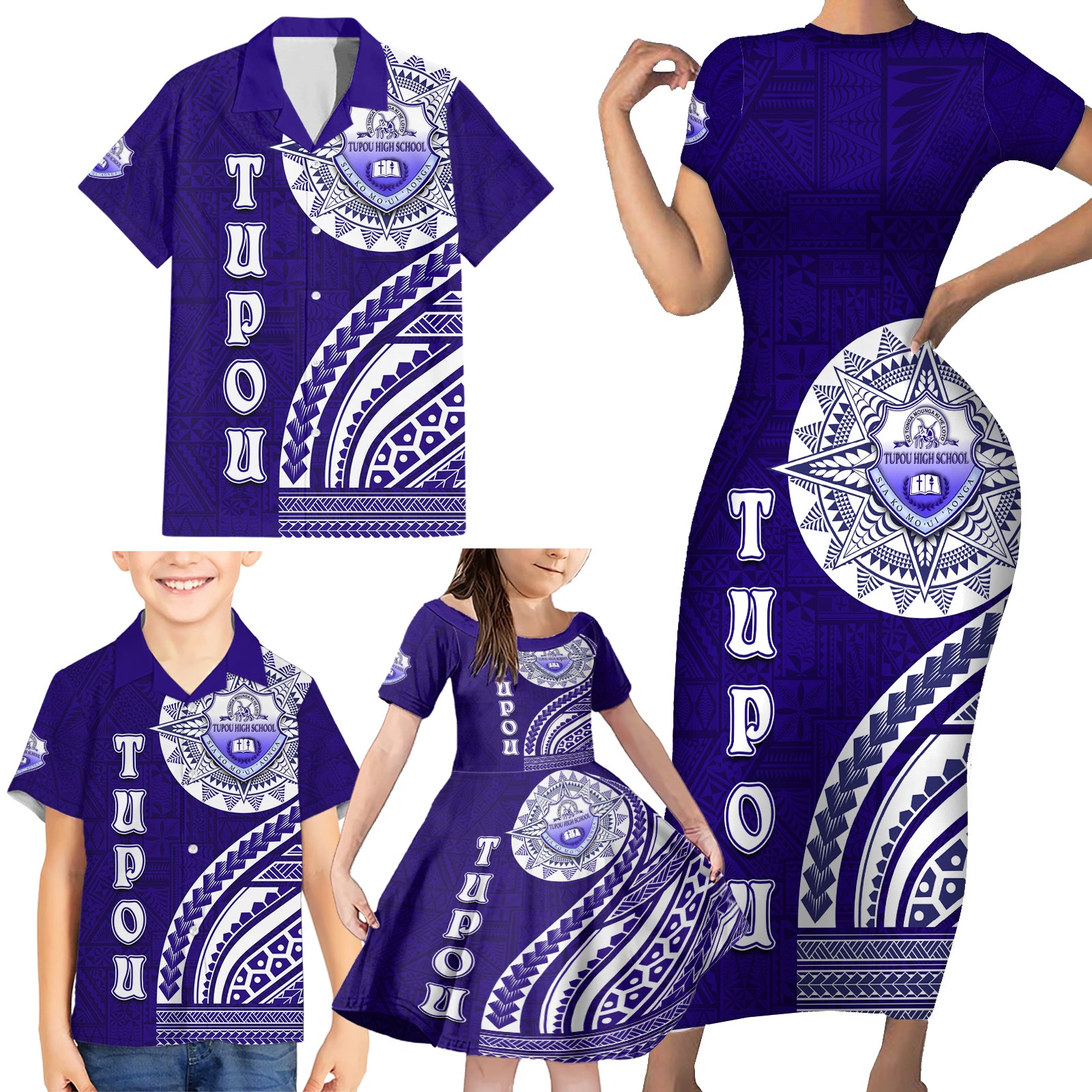 Tupou College Toloa Family Matching Short Sleeve Bodycon Dress and Hawaiian Shirt Ngatu and Polynesian Pattern