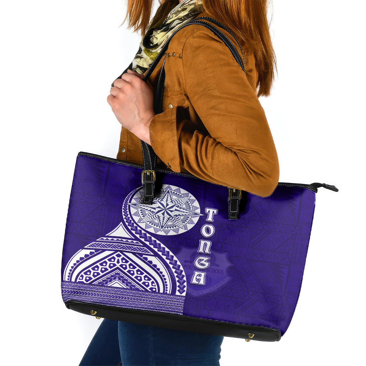 Tupou College Toloa Leather Tote Bag Ngatu and Polynesian Pattern LT03 Blue - Polynesian Pride