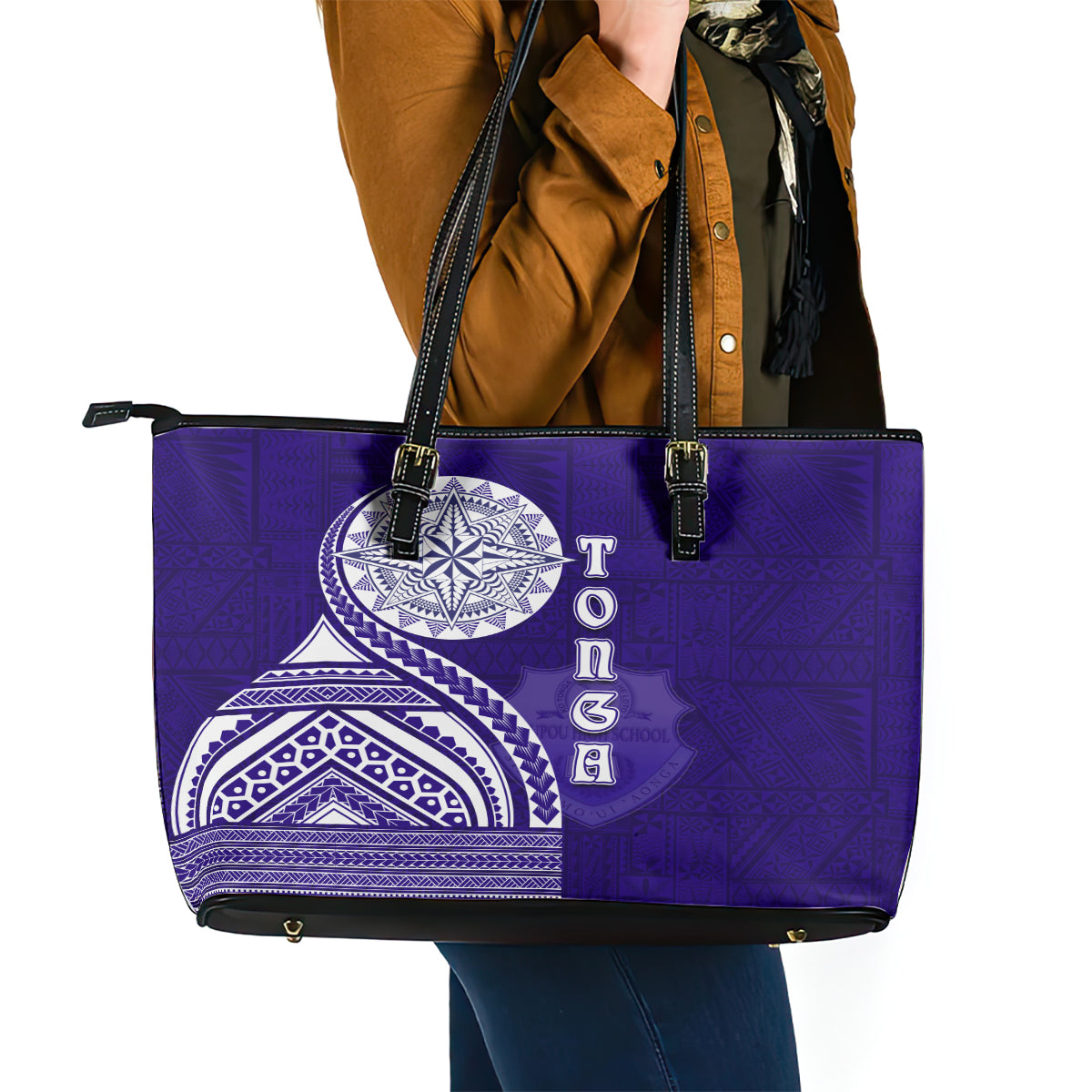 Tupou College Toloa Leather Tote Bag Ngatu and Polynesian Pattern LT03 - Polynesian Pride