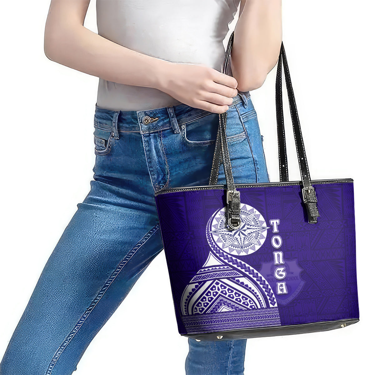 Tupou College Toloa Leather Tote Bag Ngatu and Polynesian Pattern LT03 - Polynesian Pride