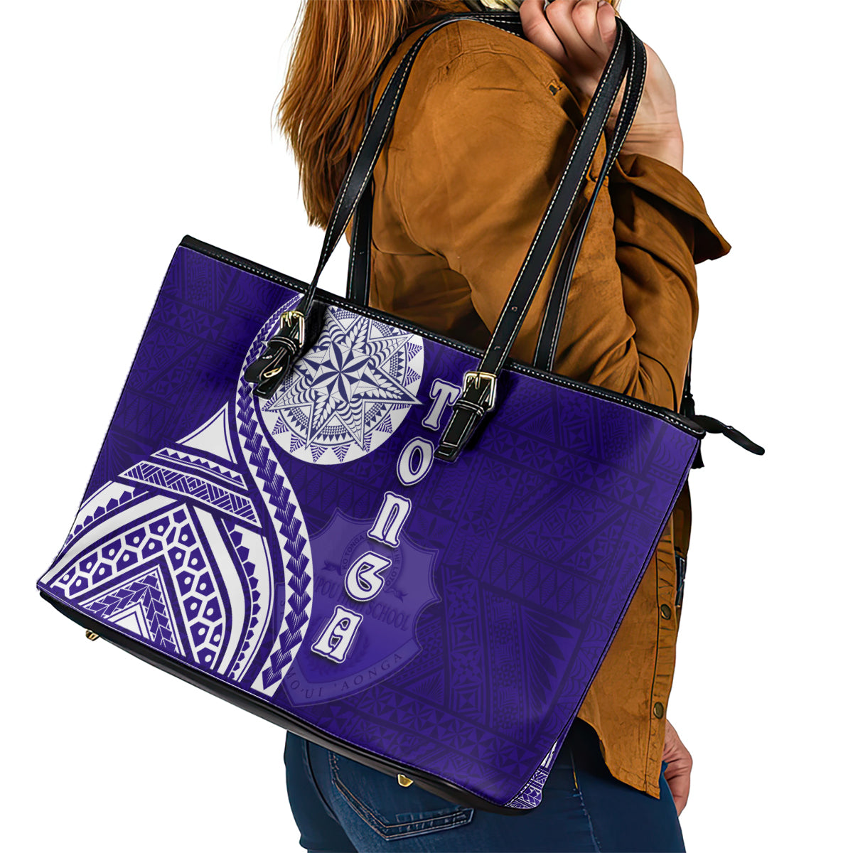 Tupou College Toloa Leather Tote Bag Ngatu and Polynesian Pattern LT03 - Polynesian Pride