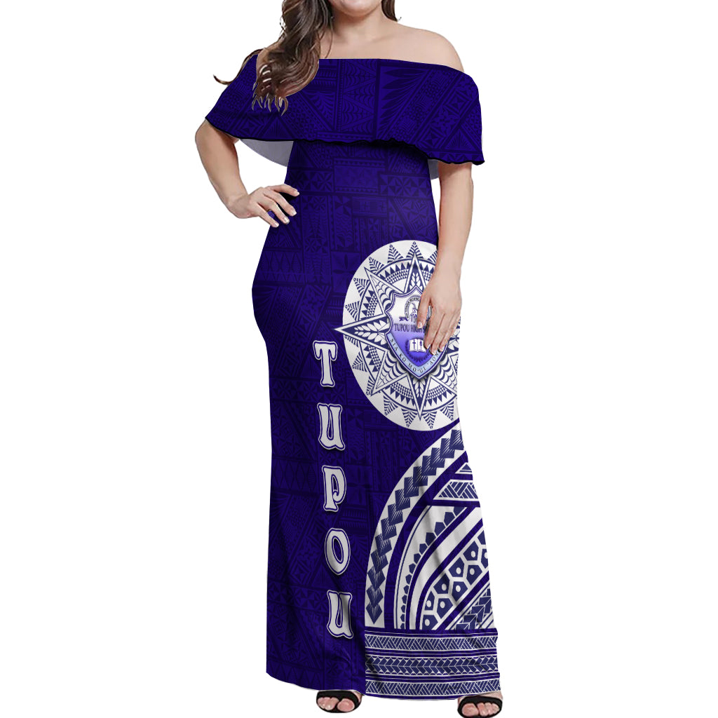 Tupou College Toloa Off Shoulder Maxi Dress Ngatu and Polynesian Pattern LT03 Women Blue - Polynesian Pride
