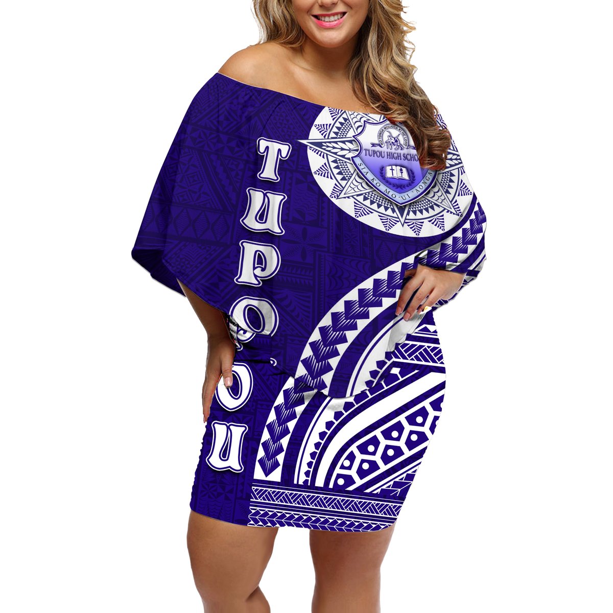 Tupou College Toloa Off Shoulder Short Dress Ngatu and Polynesian Pattern LT03 Women Blue - Polynesian Pride