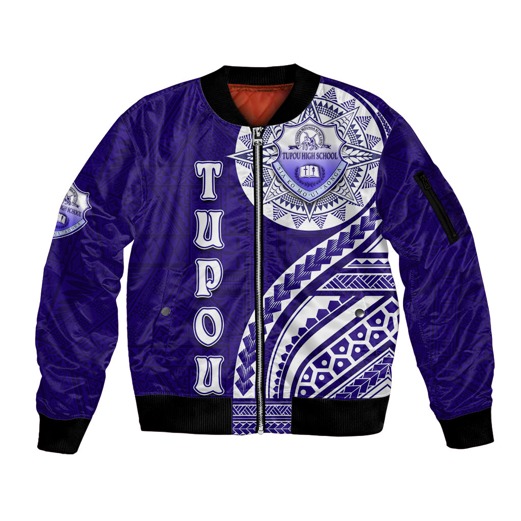 Tupou College Toloa Sleeve Zip Bomber Jacket Ngatu and Polynesian Pattern LT03 Unisex Blue - Polynesian Pride