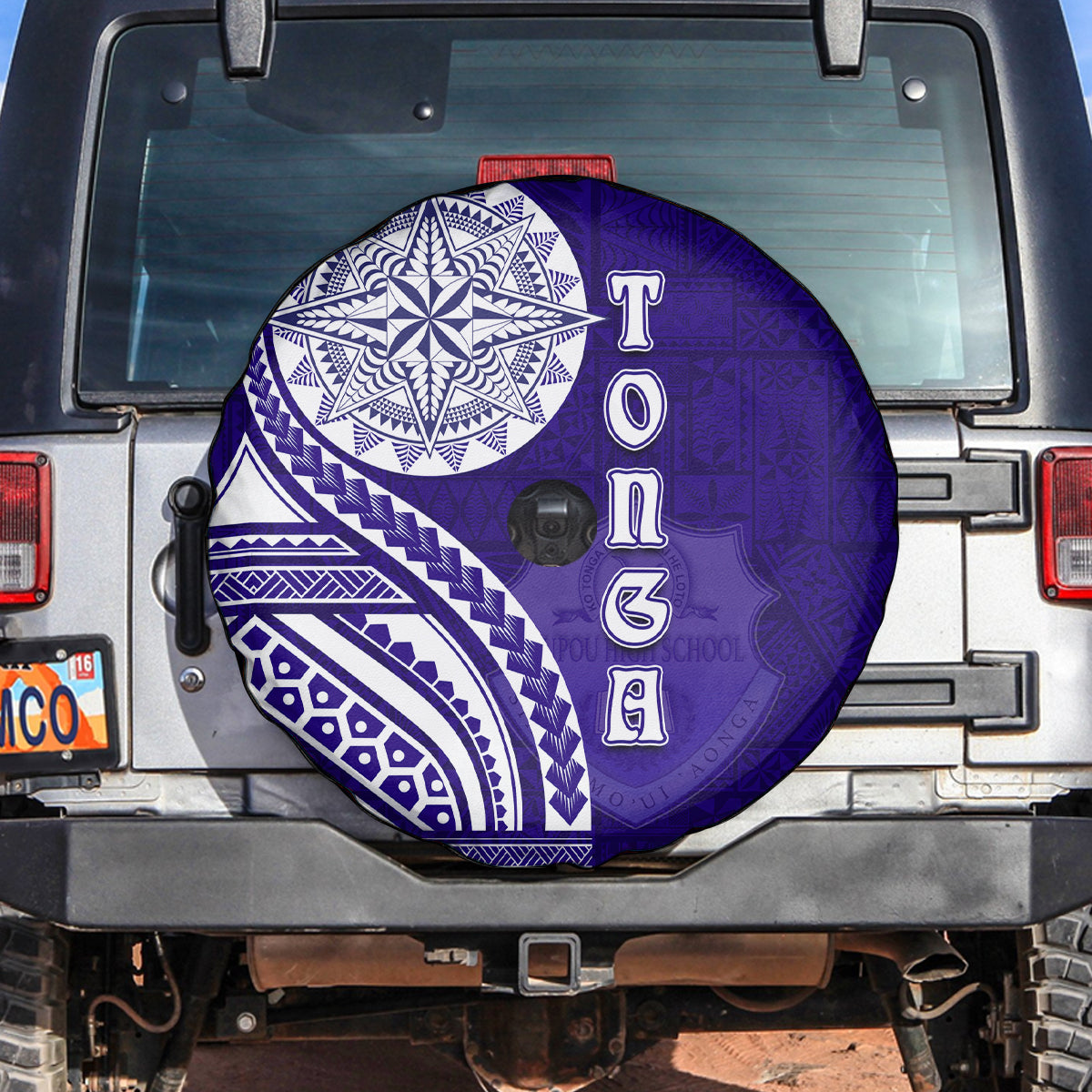 Tupou College Toloa Spare Tire Cover Ngatu and Polynesian Pattern LT03 Blue - Polynesian Pride