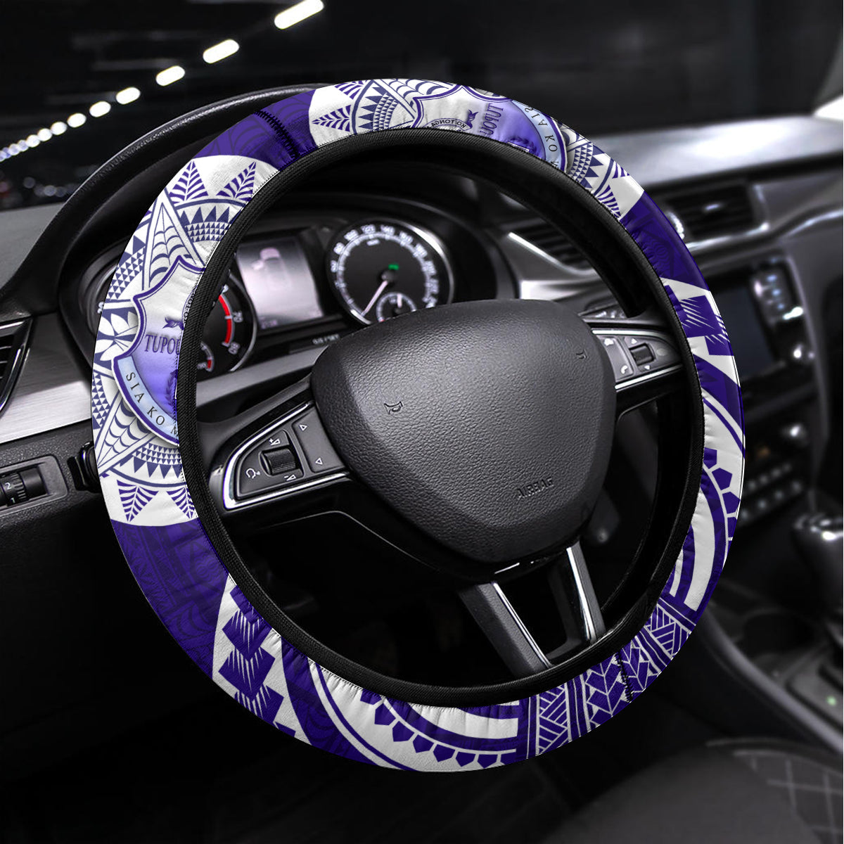Tupou College Toloa Steering Wheel Cover Ngatu and Polynesian Pattern LT03 Universal Fit Blue - Polynesian Pride