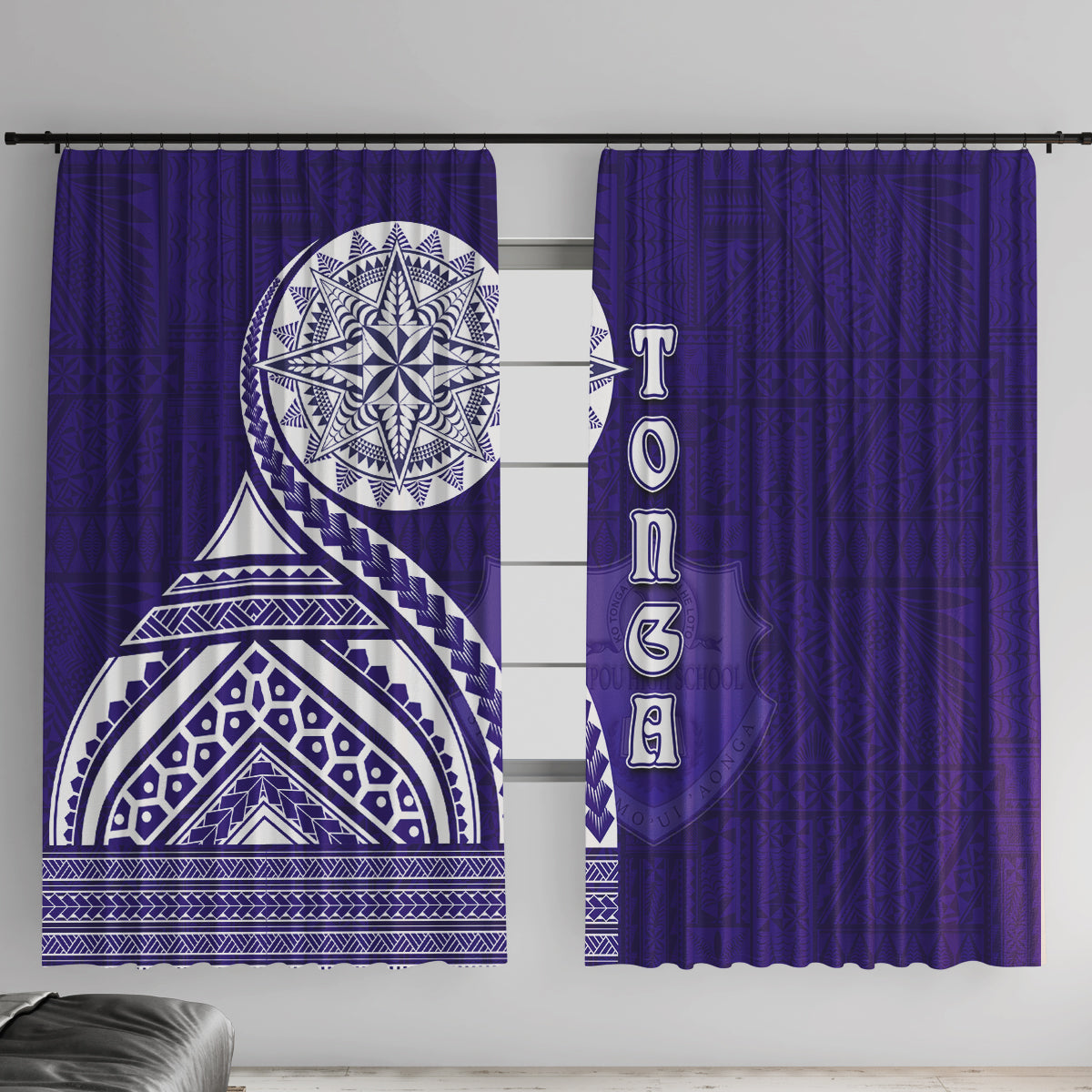 Tupou College Toloa Window Curtain Ngatu and Polynesian Pattern LT03 With Hooks Blue - Polynesian Pride