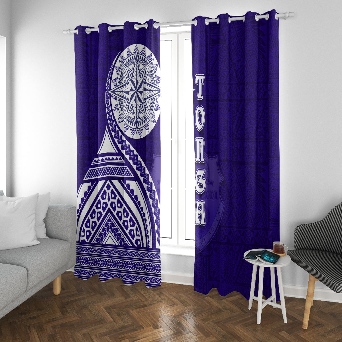 Tupou College Toloa Window Curtain Ngatu and Polynesian Pattern LT03 With Grommets Blue - Polynesian Pride