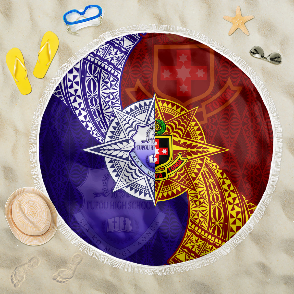 Kolisi Tonga Atele and Tupou College Toloa Beach Blanket Ngatu and Polynesian Spiral Pattern