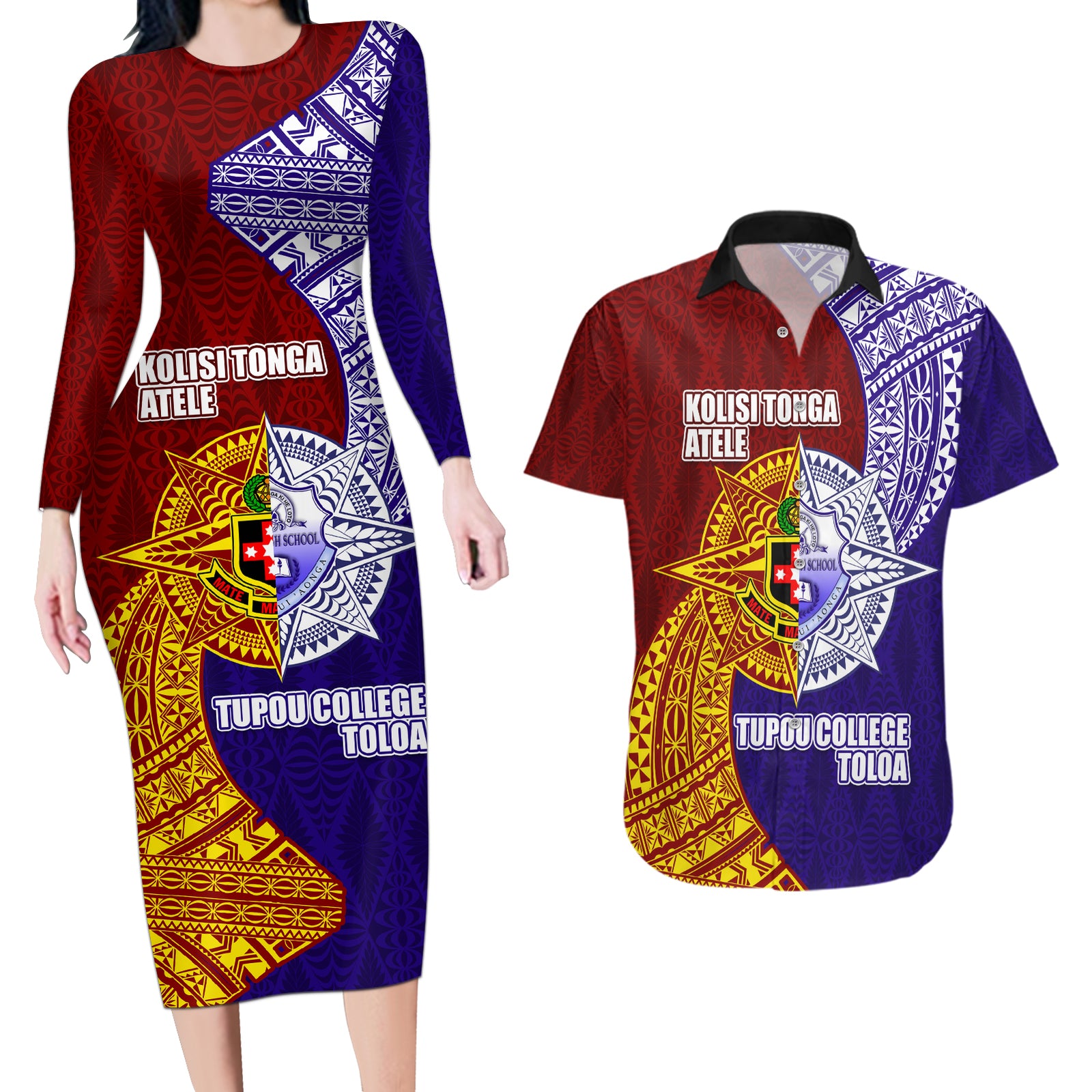Kolisi Tonga Atele and Tupou College Toloa Couples Matching Long Sleeve Bodycon Dress and Hawaiian Shirt Ngatu and Polynesian Spiral Pattern LT03 Red - Polynesian Pride