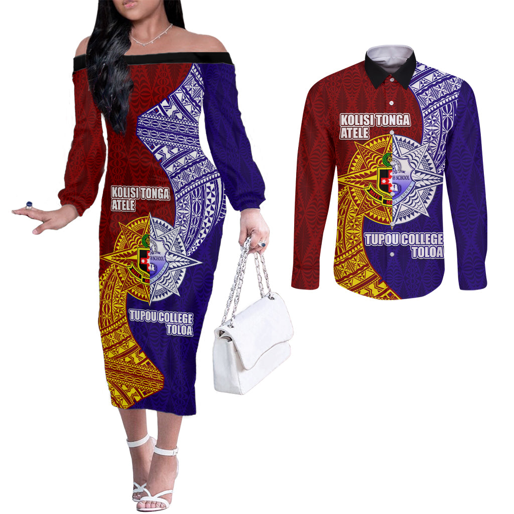 Kolisi Tonga Atele and Tupou College Toloa Couples Matching Off The Shoulder Long Sleeve Dress and Long Sleeve Button Shirt Ngatu and Polynesian Spiral Pattern