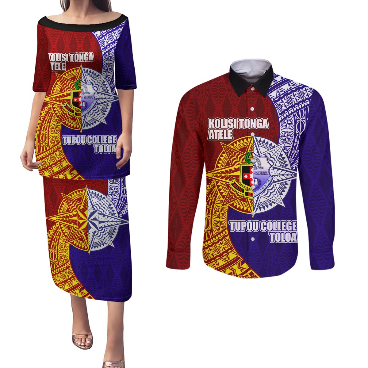 Kolisi Tonga Atele and Tupou College Toloa Couples Matching Puletasi and Long Sleeve Button Shirt Ngatu and Polynesian Spiral Pattern LT03 Red - Polynesian Pride
