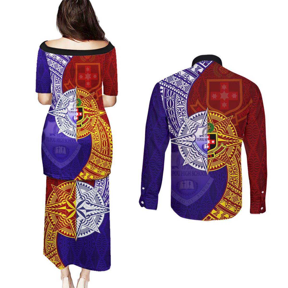 Kolisi Tonga Atele and Tupou College Toloa Couples Matching Puletasi and Long Sleeve Button Shirt Ngatu and Polynesian Spiral Pattern LT03 - Polynesian Pride