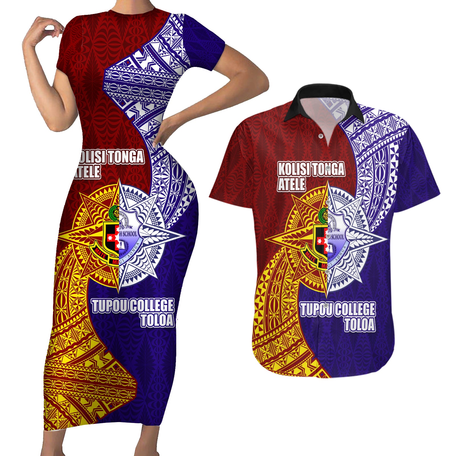 Kolisi Tonga Atele and Tupou College Toloa Couples Matching Short Sleeve Bodycon Dress and Hawaiian Shirt Ngatu and Polynesian Spiral Pattern