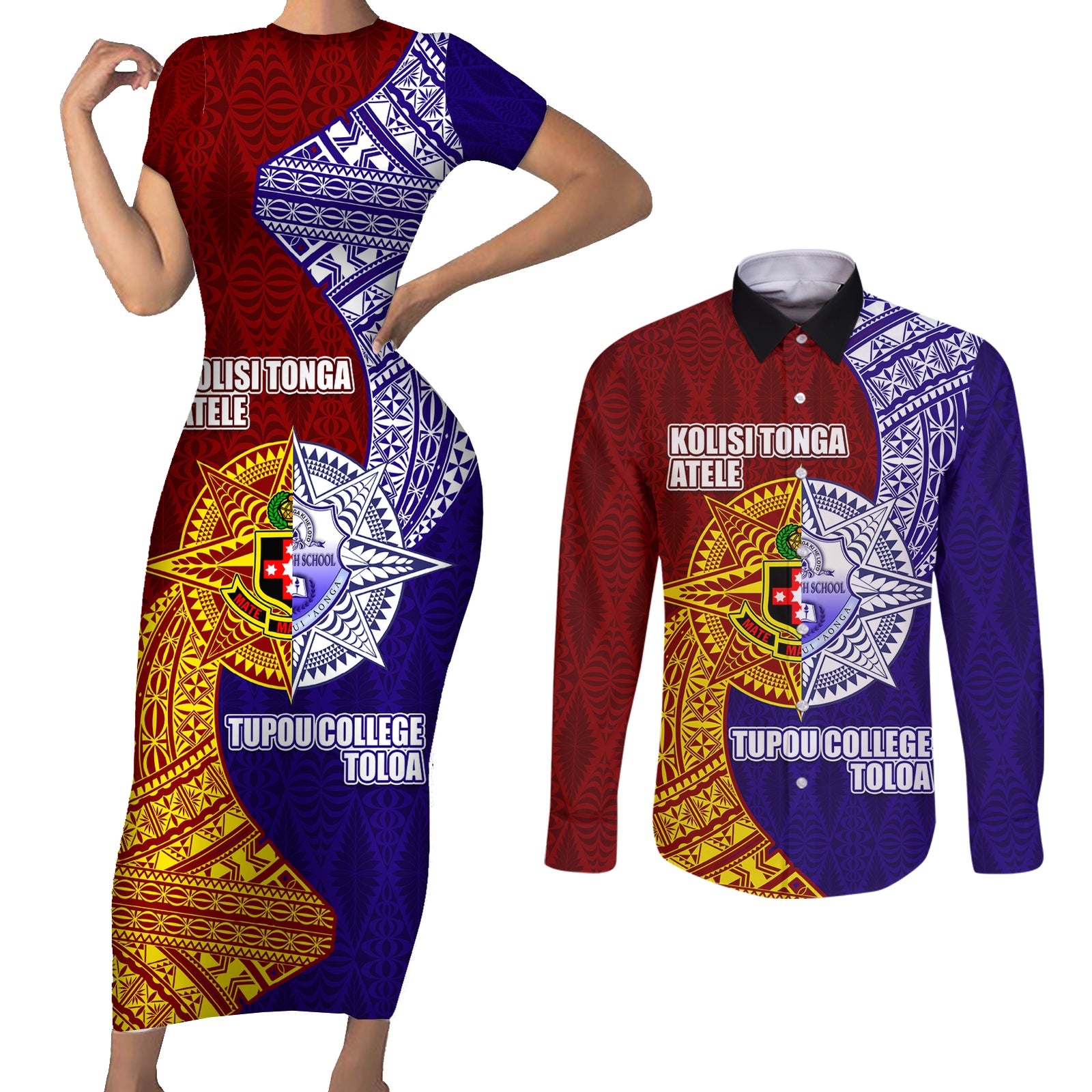 Kolisi Tonga Atele and Tupou College Toloa Couples Matching Short Sleeve Bodycon Dress and Long Sleeve Button Shirt Ngatu and Polynesian Spiral Pattern LT03 Red - Polynesian Pride
