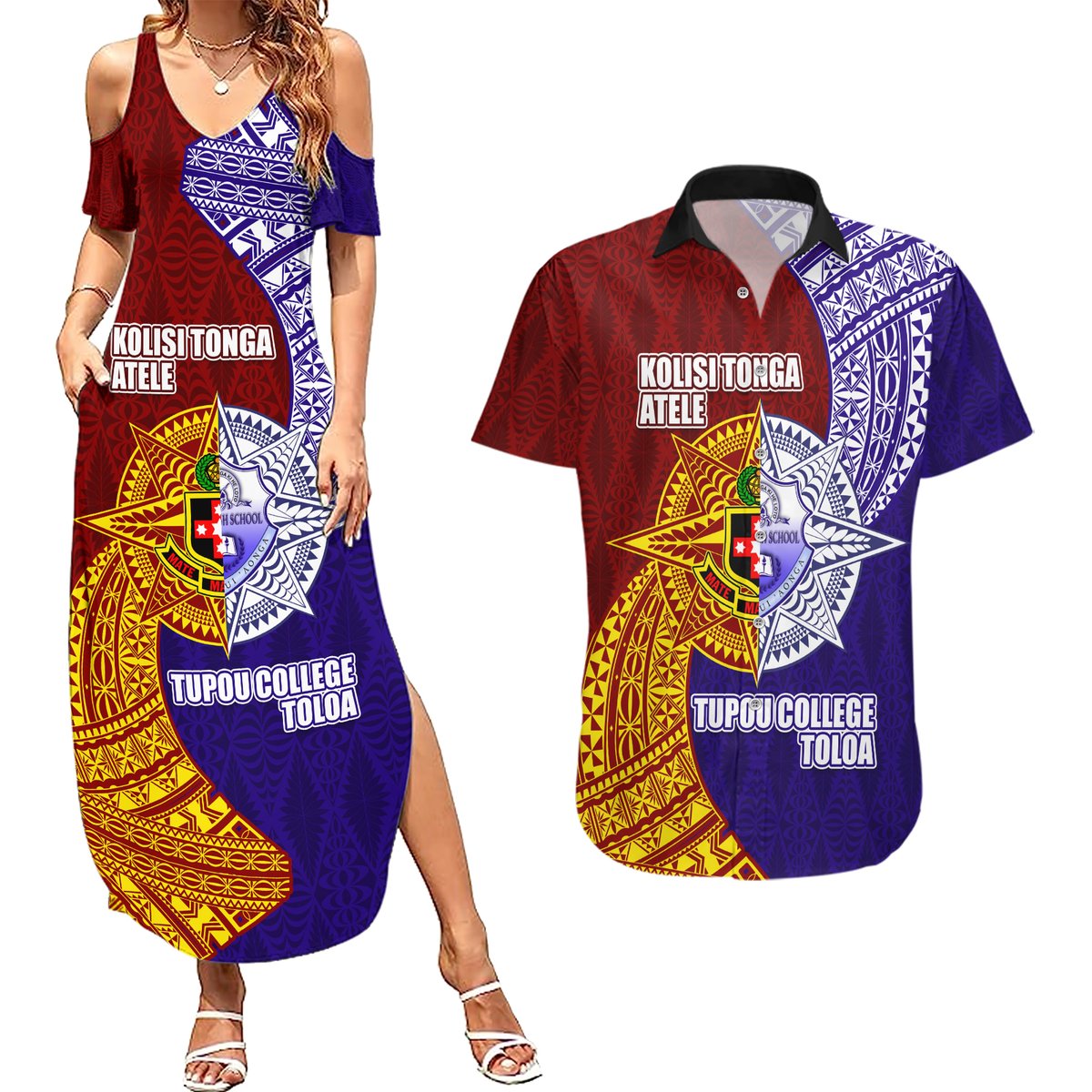Kolisi Tonga Atele and Tupou College Toloa Couples Matching Summer Maxi Dress and Hawaiian Shirt Ngatu and Polynesian Spiral Pattern LT03 Red - Polynesian Pride