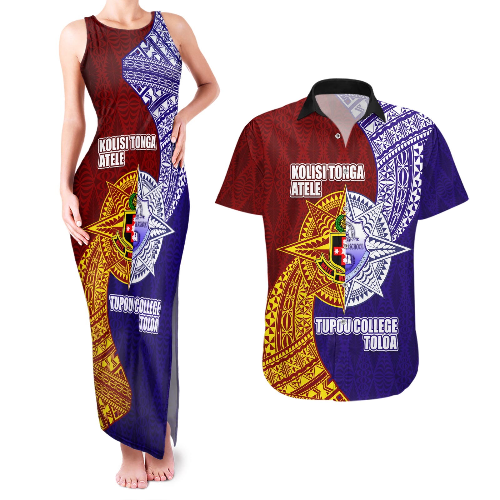 Kolisi Tonga Atele and Tupou College Toloa Couples Matching Tank Maxi Dress and Hawaiian Shirt Ngatu and Polynesian Spiral Pattern LT03 Red - Polynesian Pride